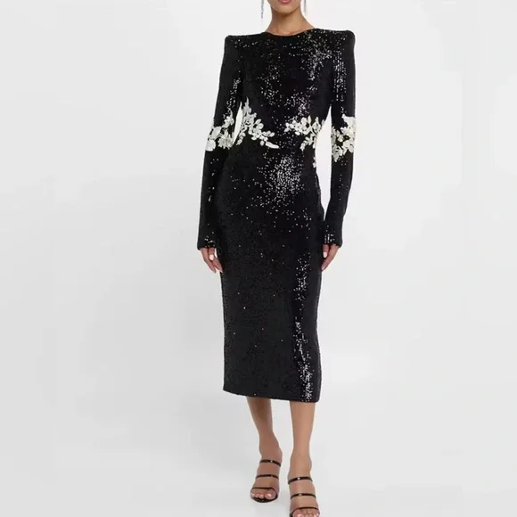 Retail $398 Rose and Lily Black Sequin Dress with Floral Accents - Picture 1 of 11